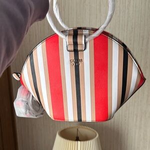 GUESS Red, Tan, Black & White Striped Dome Mini Bag
